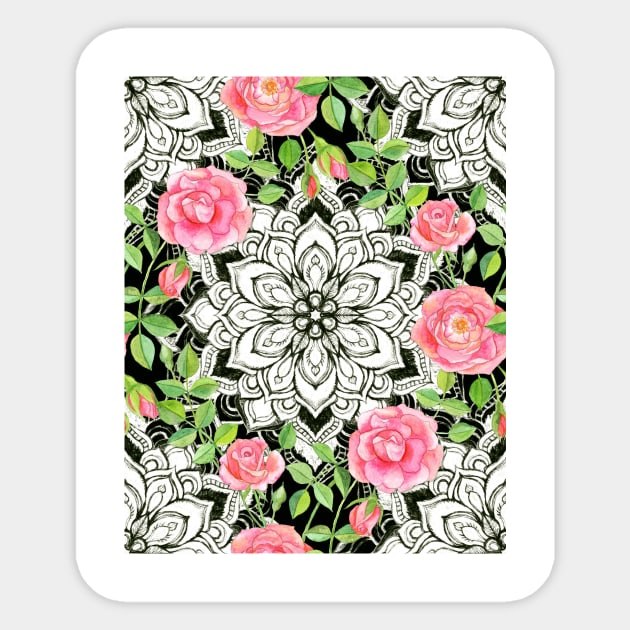 Peach Pink Roses and Mandalas on Black and White Lace Sticker by micklyn